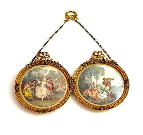 A Charming Antique French Double Frame in Dore Bronze and Suspended by a Delicate Chain