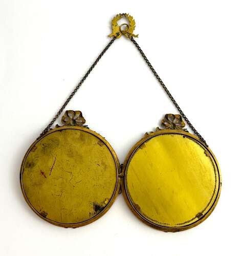 A Charming Antique French Double Frame in Dore Bronze and Suspended by a Delicate Chain