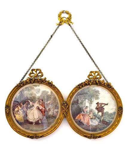 A Charming Antique French Double Frame in Dore Bronze and Suspended by a Delicate Chain