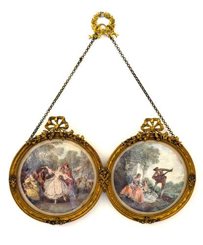 A Charming Antique French Double Frame in Dore Bronze and Suspended by a Delicate Chain