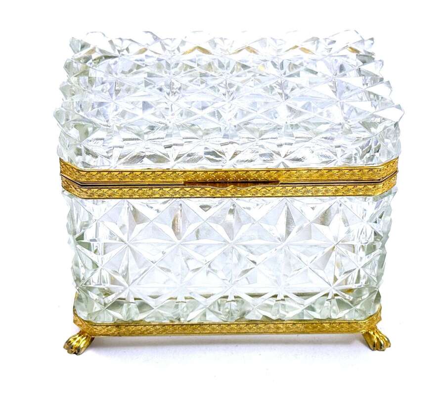 Antique French Clear&nbsp;Glass&nbsp;Deep Diamond Point&nbsp;Rectangular Casket Box with&nbsp;Dore Mounts.