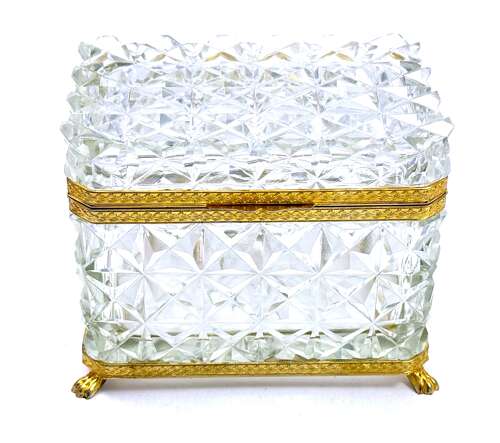 Antique French Clear Glass Deep Diamond Point Rectangular Casket Box with Dore Mounts.