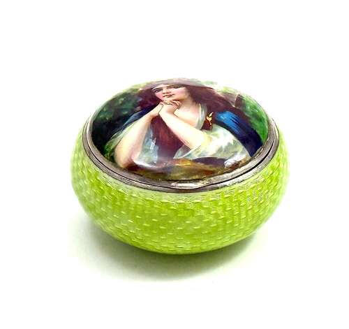 A High Quality French Silver And Guilloché Enamel Pill Box with a Fine Portrait of a Lady