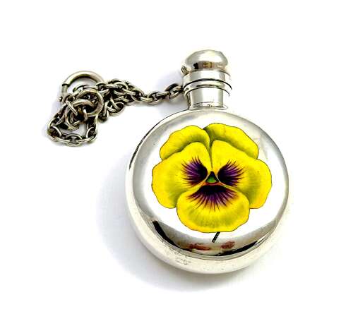 Antique Silver and Enamel Scent Bottle By Horton & Thorp with Yellow And Purple Pansy