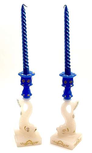 A Pair of Antique Baccarat Blue and White Opaline Glass 'Turn-Tail' Dolphin Candlesticks.