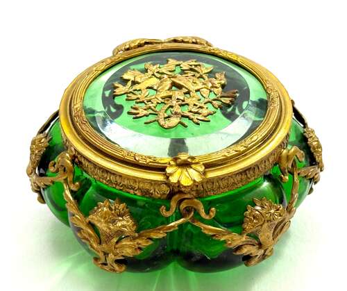 Antique Palais Royal Green Crystal Glass and Dore Bronze Scalloped Shaped Casket.