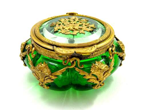 Antique Palais Royal Green Crystal Glass and Dore Bronze Scalloped Shaped Casket.