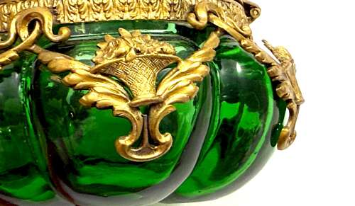 Antique Palais Royal Green Crystal Glass and Dore Bronze Scalloped Shaped Casket.