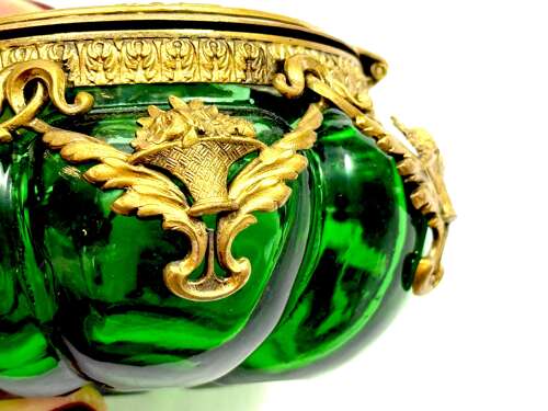 Antique Palais Royal Green Crystal Glass and Dore Bronze Scalloped Shaped Casket.