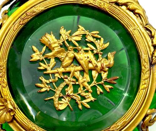 Antique Palais Royal Green Crystal Glass and Dore Bronze Scalloped Shaped Casket.