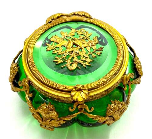 Antique Palais Royal Green Crystal Glass and Dore Bronze Scalloped Shaped Casket.