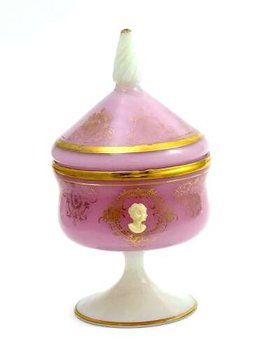 An Exquisite Pink Opaline Glass Bonbonnière with a Classical Cameo Medallion.