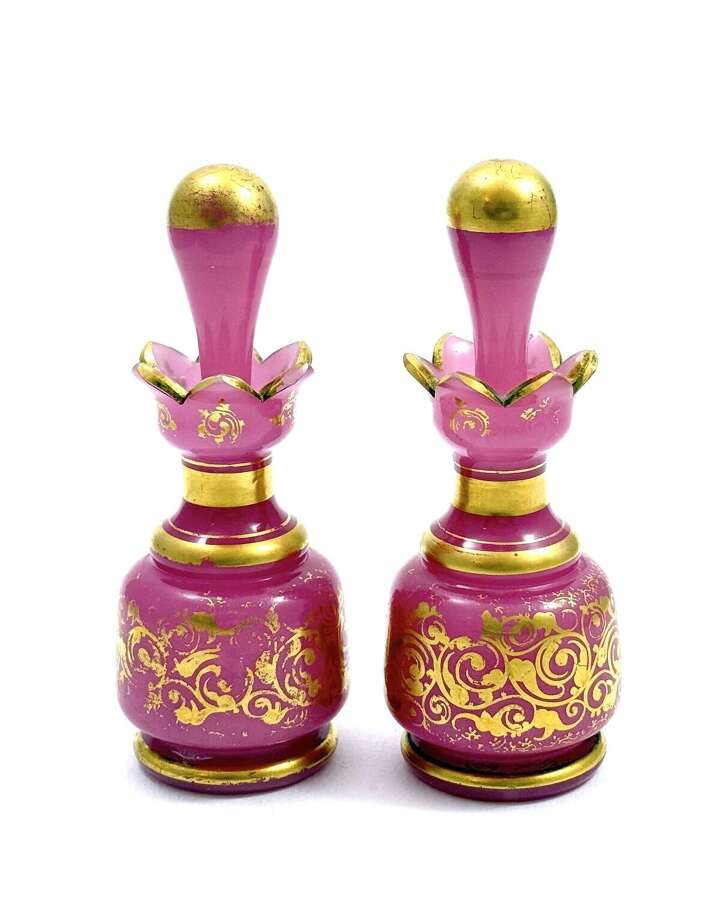 A Rare Pair of Antique French Pink Opaline Glass Scent Bottles
