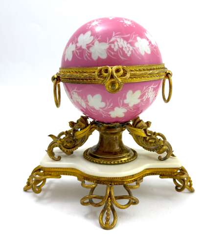 A Rare Antique French Pink and White Opaline Egg-Shaped Casket with 4 Perfume Bottles