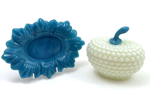 Rare Antique Peacock Blue Baccarat Opaline Melon Shaped Sugar Casket Box.