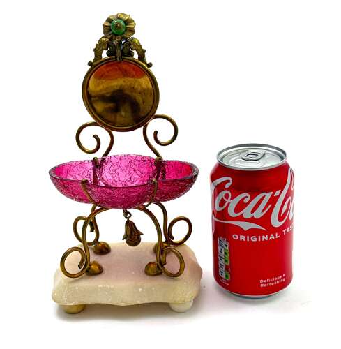 A Charming Large Antique French Watch Holder with Cranberry Glass Dish and Alabaster Base.