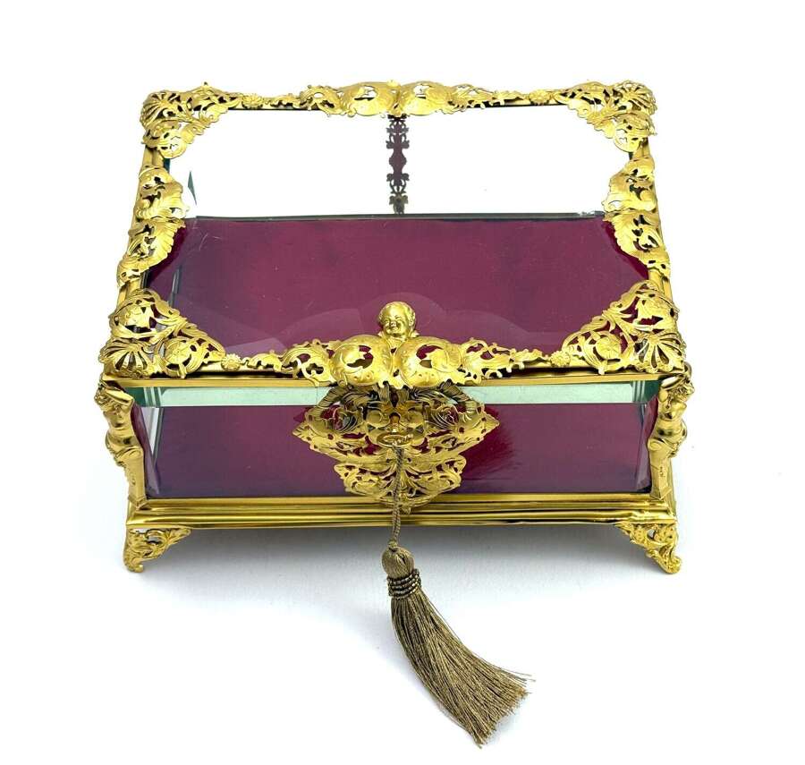 Exceptional Antique Large French Crystal and Dore Bronze Jewellery Casket with Cherub.