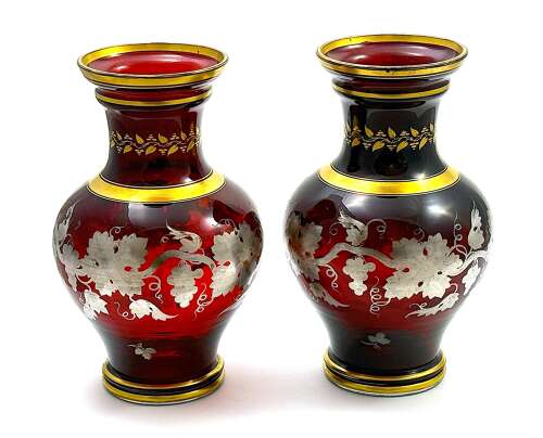 Fine Pair of Antique Bohemian Baluster Shaped Ruby Glass Vases with Silver Overlay Design
