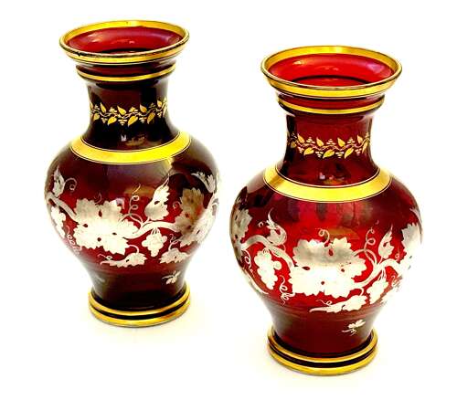 Fine Pair of Antique Bohemian Baluster Shaped Ruby Glass Vases with Silver Overlay Design