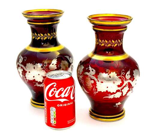 Fine Pair of Antique Bohemian Baluster Shaped Ruby Glass Vases with Silver Overlay Design