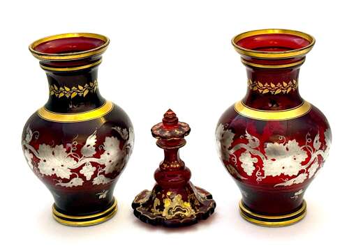 Fine Pair of Antique Bohemian Baluster Shaped Ruby Glass Vases with Silver Overlay Design