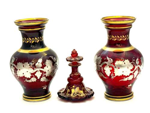 Fine Pair of Antique Bohemian Baluster Shaped Ruby Glass Vases with Silver Overlay Design
