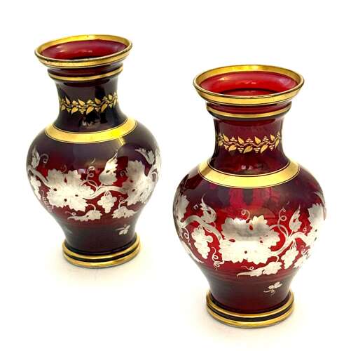 Fine Pair of Antique Bohemian Baluster Shaped Ruby Glass Vases with Silver Overlay Design