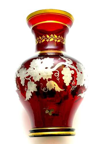 Fine Pair of Antique Bohemian Baluster Shaped Ruby Glass Vases with Silver Overlay Design