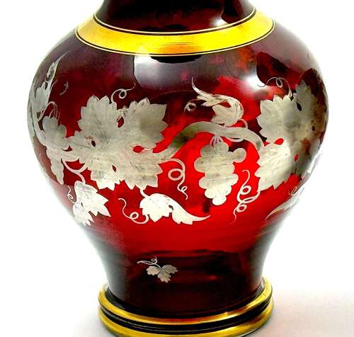 Fine Pair of Antique Bohemian Baluster Shaped Ruby Glass Vases with Silver Overlay Design