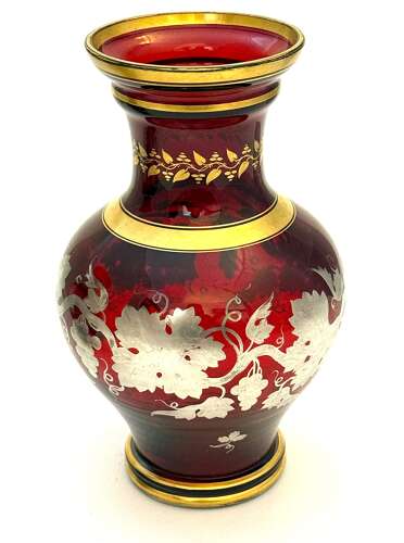 Fine Pair of Antique Bohemian Baluster Shaped Ruby Glass Vases with Silver Overlay Design