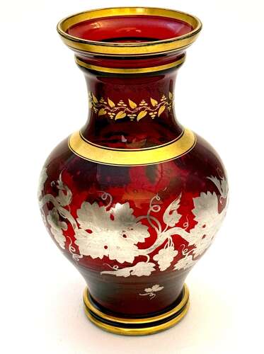 Fine Pair of Antique Bohemian Baluster Shaped Ruby Glass Vases with Silver Overlay Design