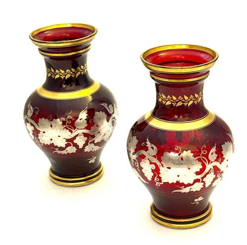 Fine Pair of Antique Bohemian Baluster Shaped Ruby Glass Vases with Silver Overlay Design