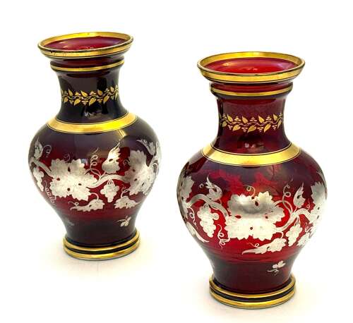 Fine Pair of Antique Bohemian Baluster Shaped Ruby Glass Vases with Silver Overlay Design