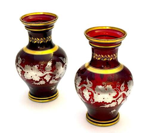 Fine Pair of Antique Bohemian Baluster Shaped Ruby Glass Vases with Silver Overlay Design