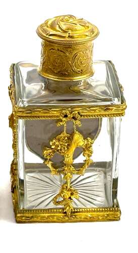 A Pair of Louis XVI Style Dore Bronze & Cut Glass Perfume Bottles with Portrait Miniatures