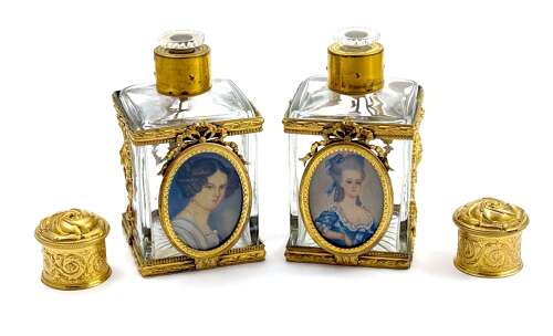 A Pair of Louis XVI Style Dore Bronze & Cut Glass Perfume Bottles with Portrait Miniatures