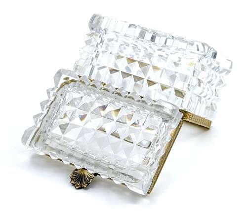 Antique French Diamond Cut Crystal Casket with Dore Bronze Mounts and Scallop Shell Clasp