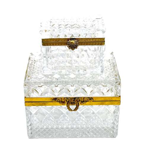 Antique French Diamond Cut Crystal Casket with Dore Bronze Mounts and Scallop Shell Clasp