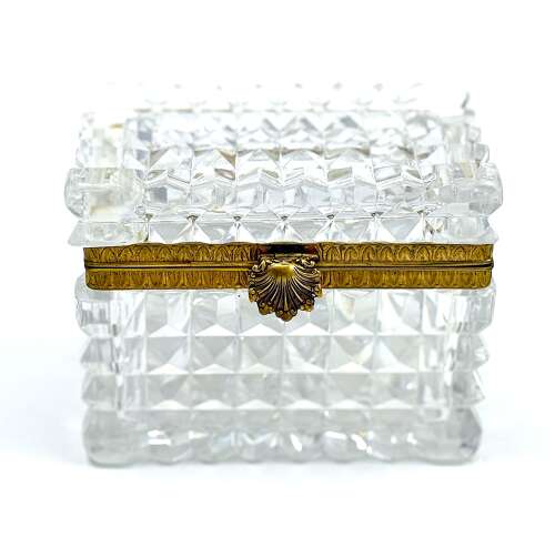 Antique French Diamond Cut Crystal Casket with Dore Bronze Mounts and Scallop Shell Clasp