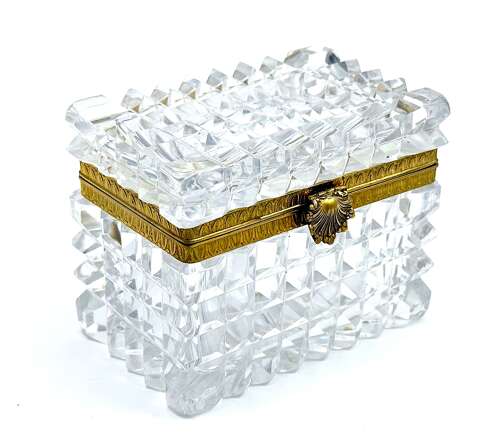 Antique French Diamond Cut Crystal Casket with Dore Bronze Mounts and Scallop Shell Clasp