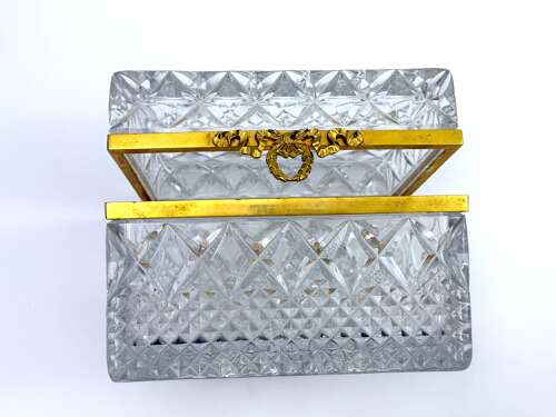 Large Antique French Moulded Diamond Pattern Glass Casket with Large Dore Bronze Clasp.