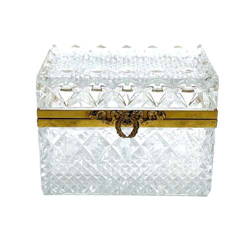Large Antique French Moulded Diamond Pattern Glass Casket with Large Dore Bronze Clasp.