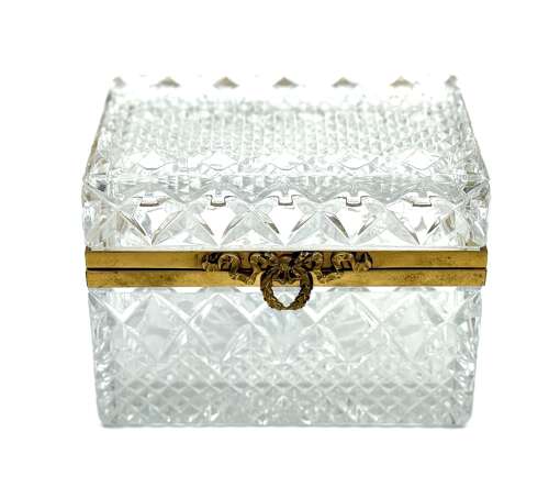 Large Antique French Moulded Diamond Pattern Glass Casket with Large Dore Bronze Clasp.