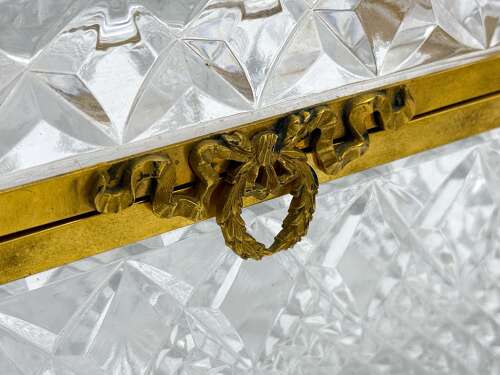 Large Antique French Moulded Diamond Pattern Glass Casket with Large Dore Bronze Clasp.