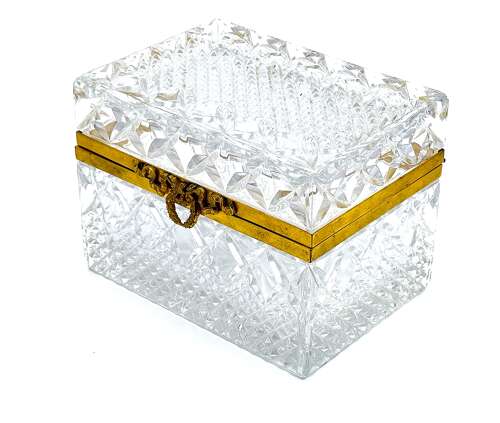 Large Antique French Moulded Diamond Pattern Glass Casket with Large Dore Bronze Clasp.