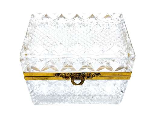 Large Antique French Moulded Diamond Pattern Glass Casket with Large Dore Bronze Clasp.