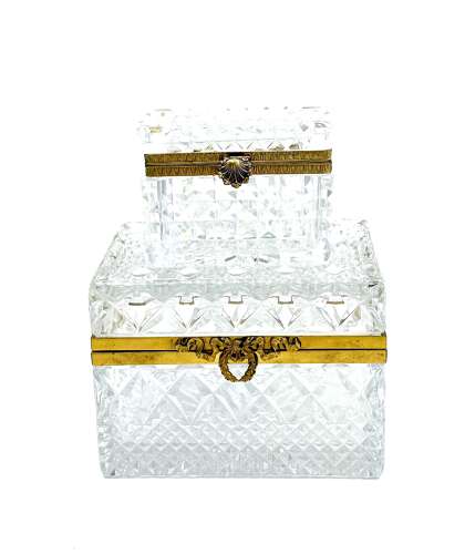 Large Antique French Moulded Diamond Pattern Glass Casket with Large Dore Bronze Clasp.