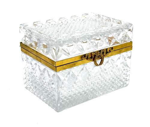 Large Antique French Moulded Diamond Pattern Glass Casket with Large Dore Bronze Clasp.