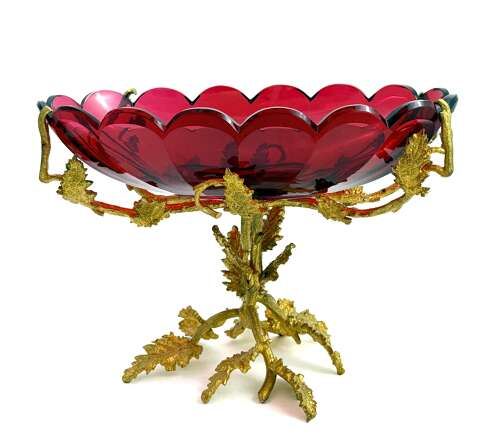 Antique French Ruby Red Crystal Glass Centrepiece with Dore Bronze Stand
