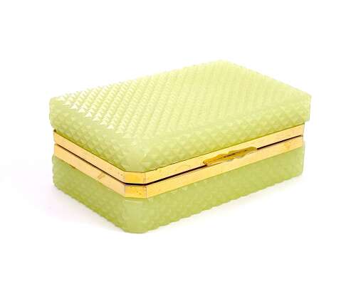 Antique Diamond Cut Soft Lemon Yellow Opaline Glass Casket